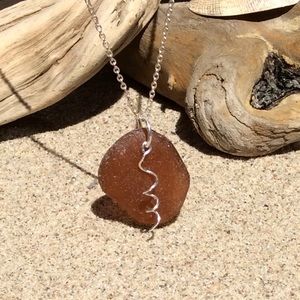SEAGLASS Amber Brown Necklace with Sterling Wiring